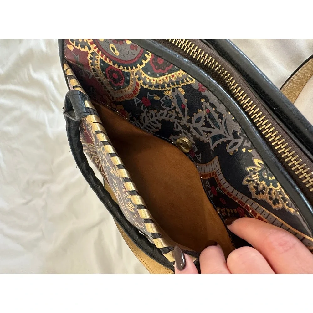 Patricia Nash Leather Paisley Satchel Crossbody Bag Metallic Red Navy Gold